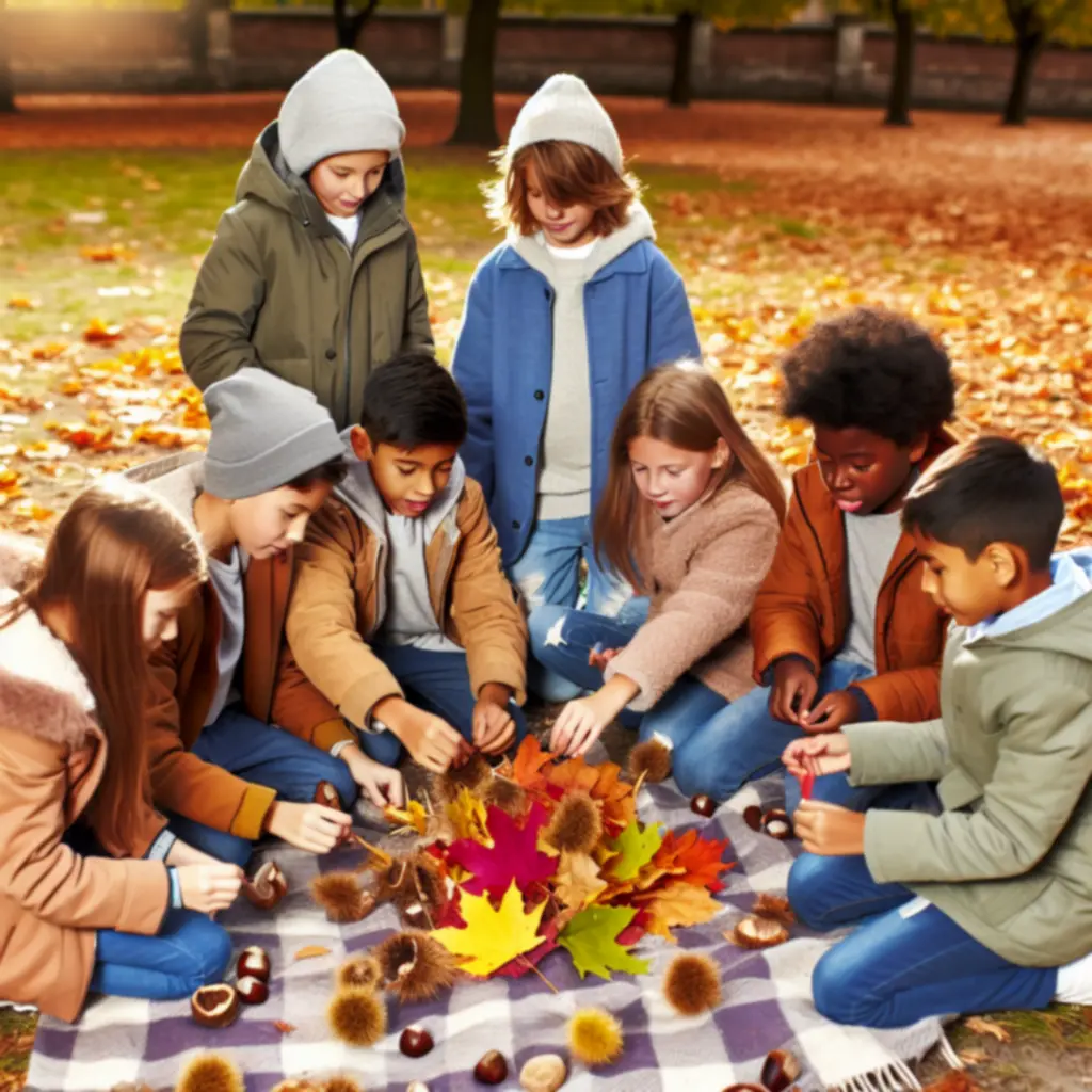 Jesienne zabawy dzieci z kolorowymi liśćmi i kasztanami