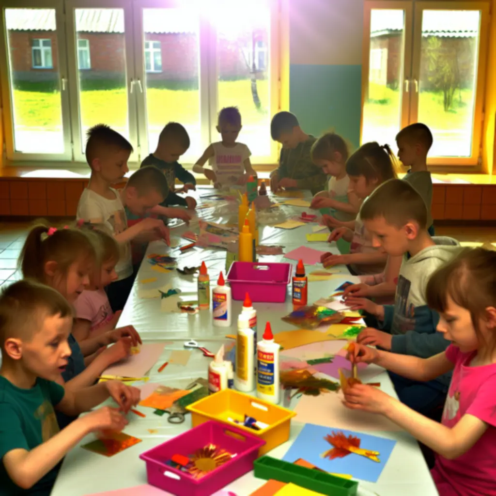 Dzieci wykonujące kolorowe prace plastyczne przy stole