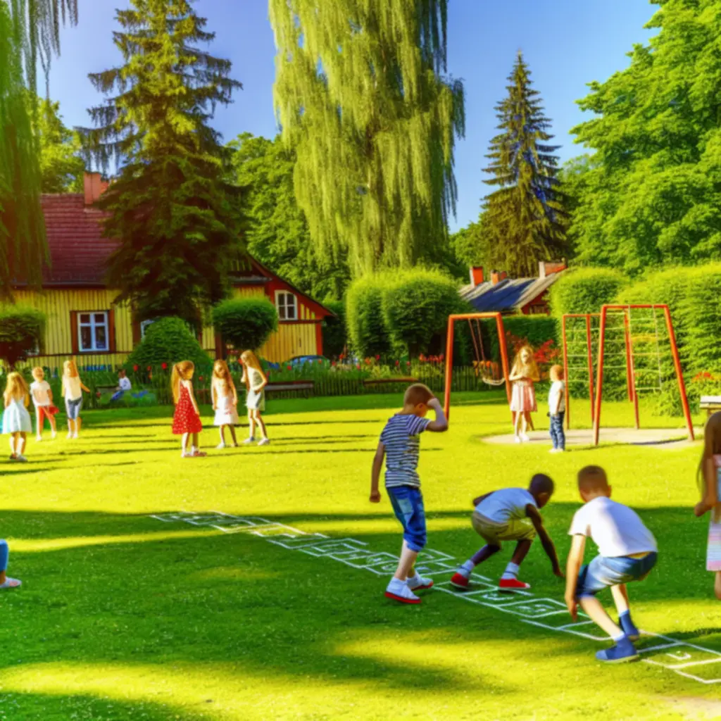 Dzieci bawiące się wspólnie na świeżym powietrzu na trawie