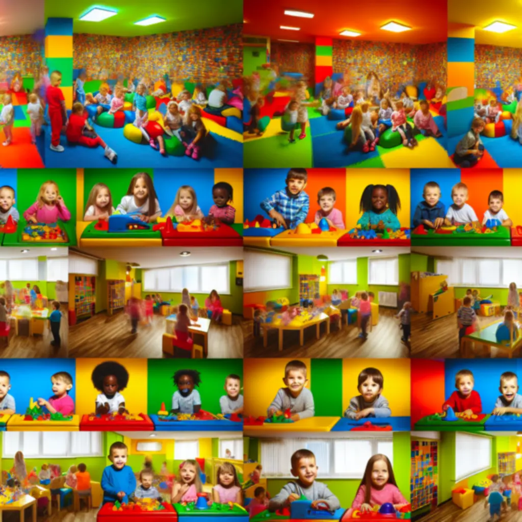 Kolorowa sala zabaw pełna zabawek i uśmiechniętych dzieci