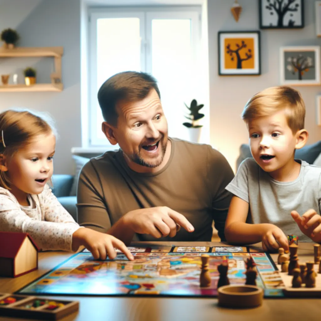 Tata tłumaczy zasady gry dwójce dzieci przy stole
