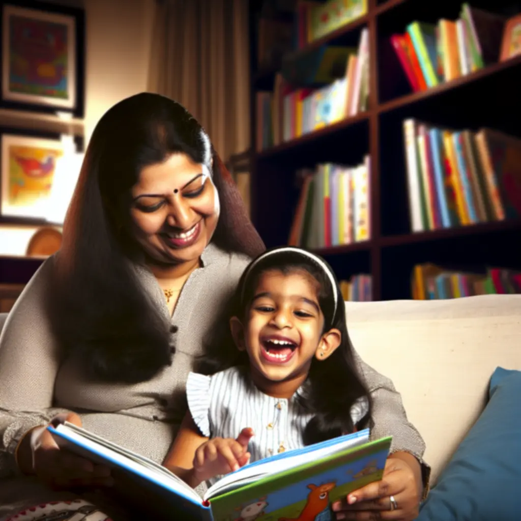 Rodzic czytający dziecku kolorową książkę